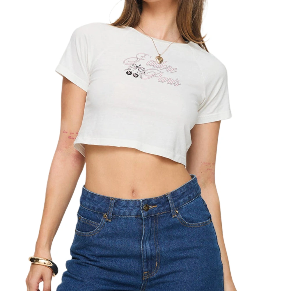 Women Crop Tops Short Sleeve Crewneck Cartoon Pattern Print Baby Tees