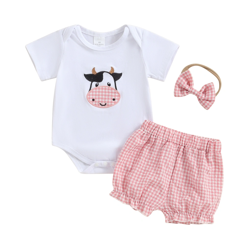 Baby Spring Outfits Short Sleeve Romper + Plaid Shorts + Headband 