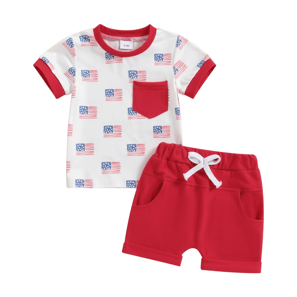 Boys 4th of July Shorts Sets Flag Print Tops Solid Color Shorts Sets