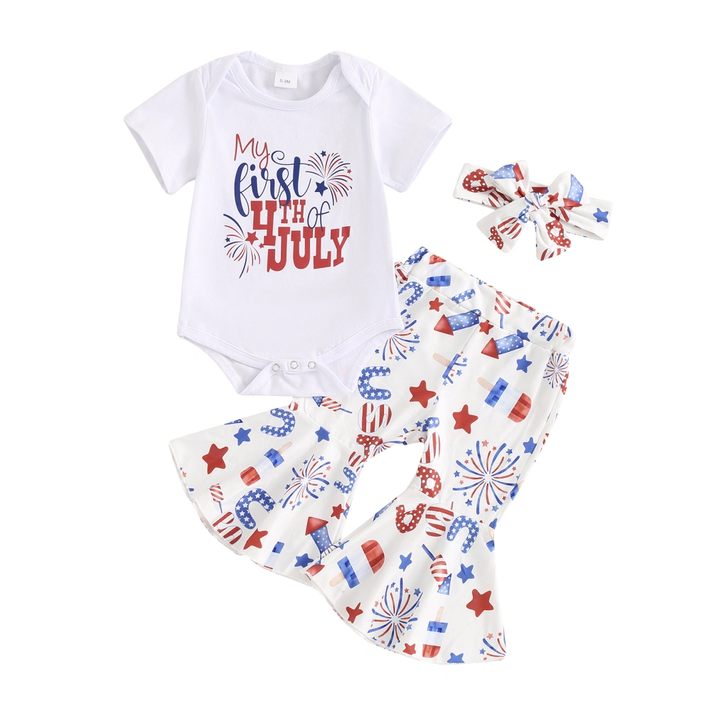 Girl 4th of July Outfit Short Sleeve Romper Fireworks Pants Headband