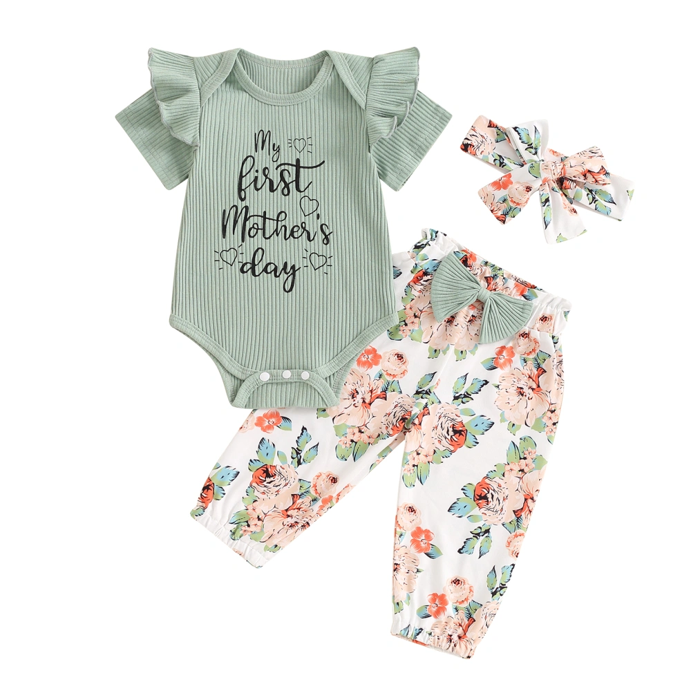 Girl Summer Outfit Short Sleeve Romper Floral Pants Headband 