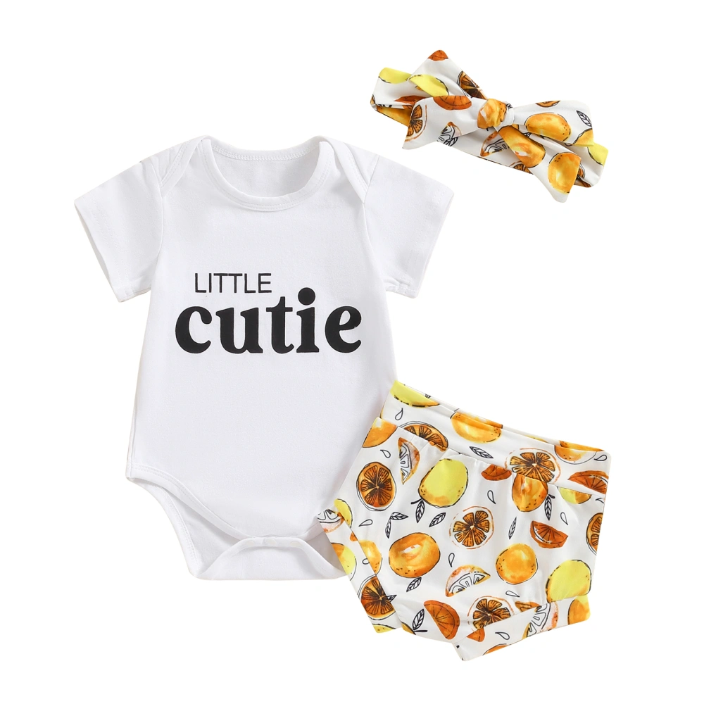 Baby Girls Shorts Set, Letters Print Romper Lemon Shorts Hairband