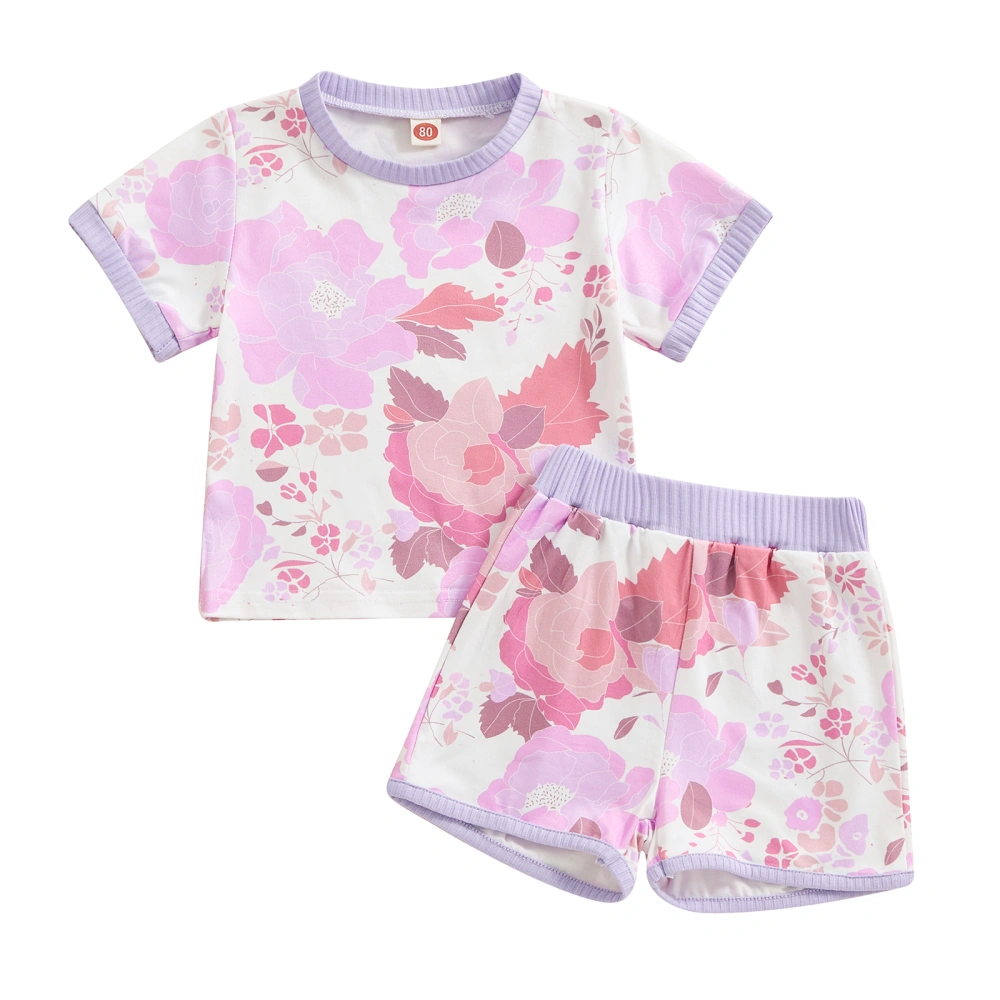 Girls Shorts Sets Short Sleeve Crewneck Floral Tops Shorts Sets