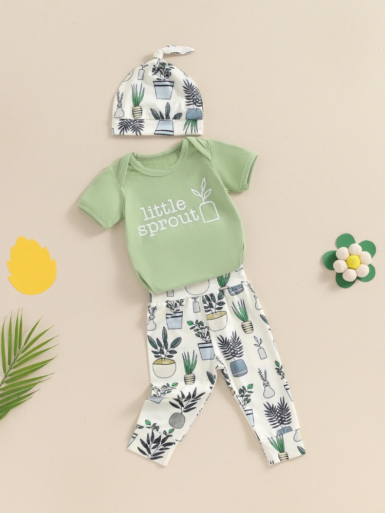 Baby  Spring Outfits Short Sleeve Romper + Plant Print Pants + Hat Set