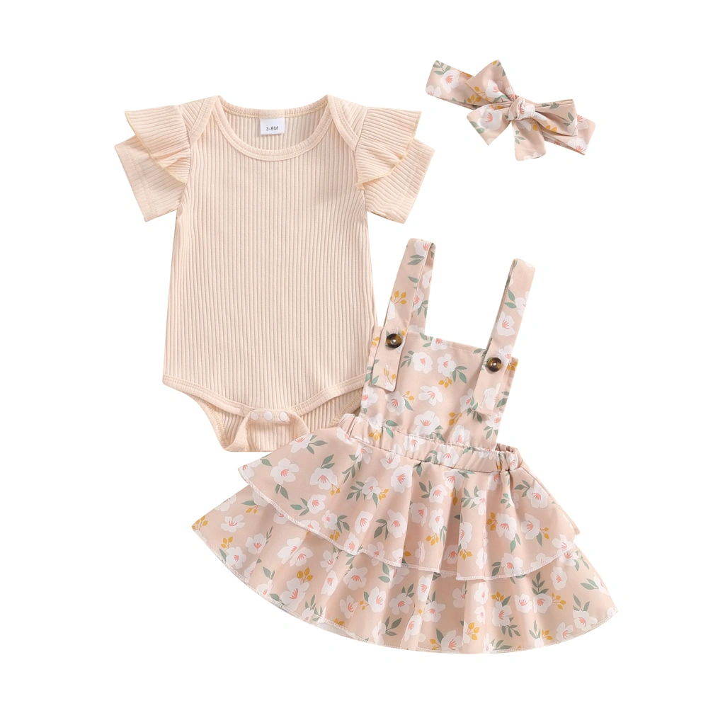 Baby Girls Summer Outfit Rompers and Floral Suspender Skirt Headband