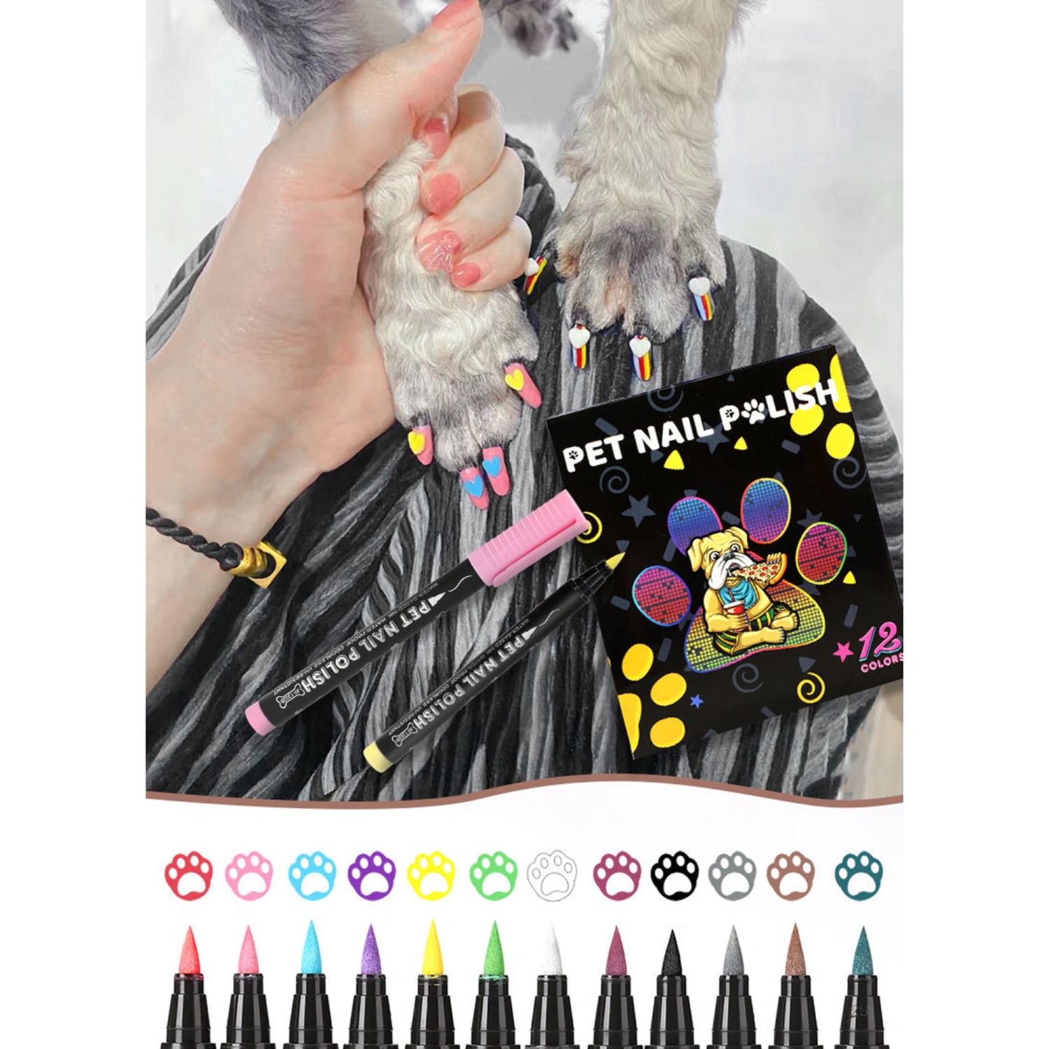 12 Colors Nail Painting Pen Set for Pet 3-in-1 Non Toxic Brush Tip