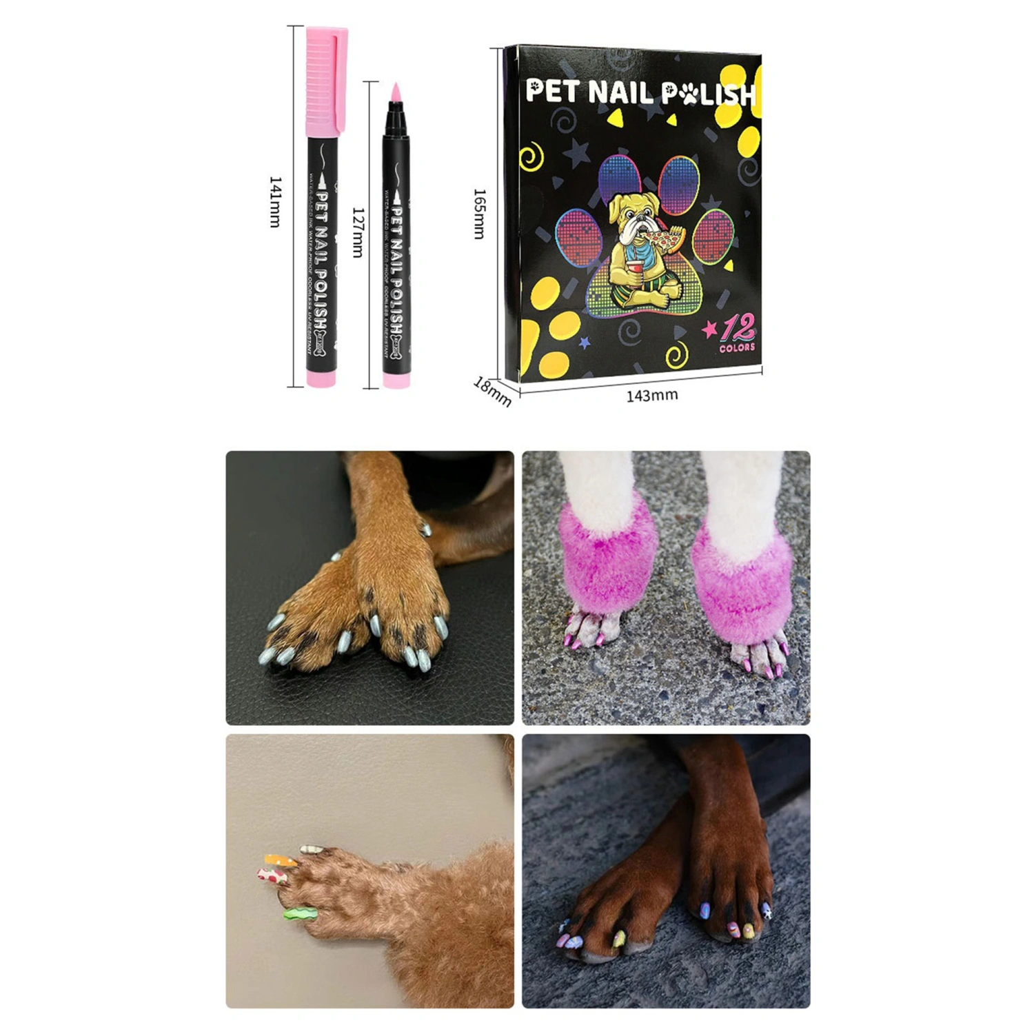 12 Colors Nail Painting Pen Set for Pet 3-in-1 Non Toxic Brush Tip