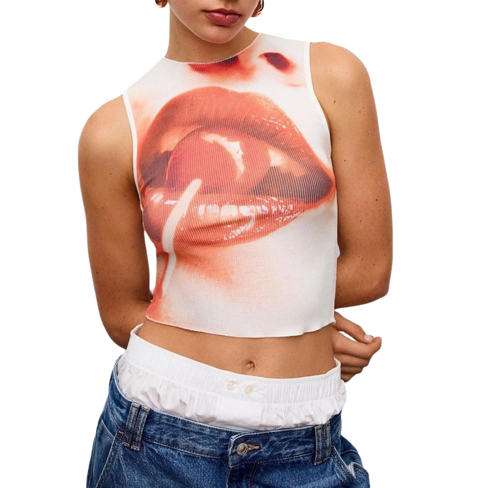 Women's Summer Crop Tank Tops 3D Lip Print Round Neck Vest Streetwear