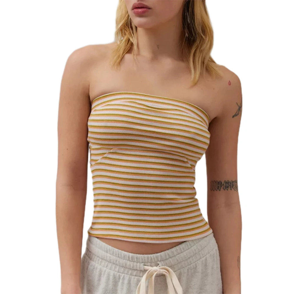 Women Knitted Ribbed Tube Tops Solid Color/Stripe Print Summer Bandeau