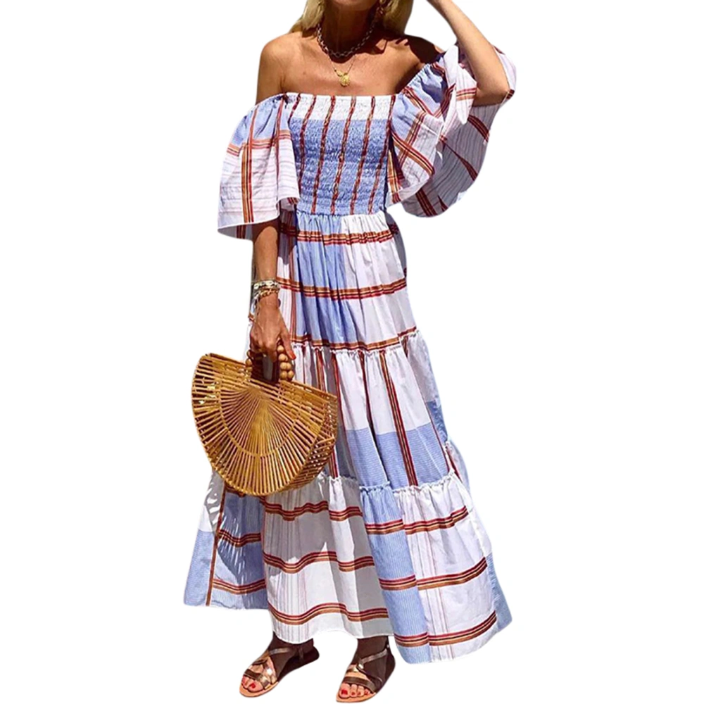 Women Long Dress, Off-shoulder Contrast Color Summer Swing Dress