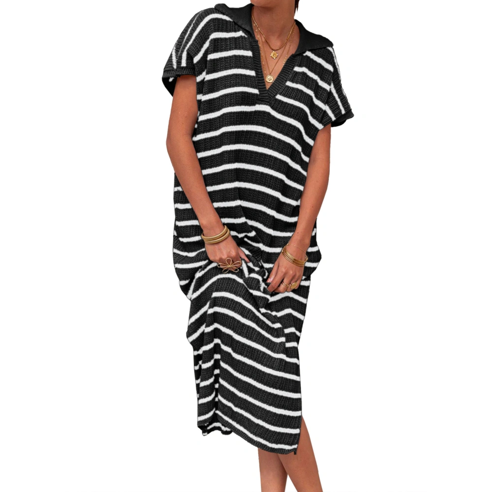 Women's Knit Midi Dress Short Sleeve Lapel Collar Striped Long Dress