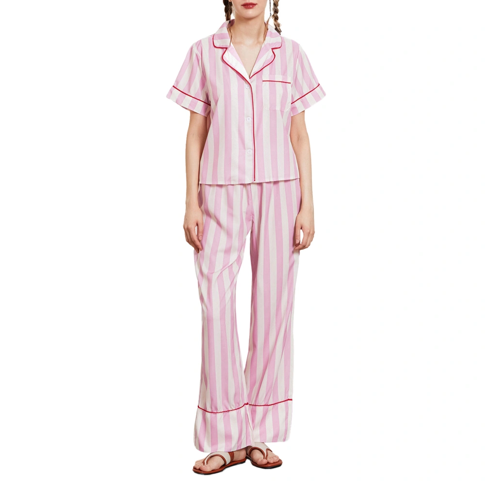 Women’s 2 Piece Pajama Set Stripes Print Pocket Shirt + Pants Set