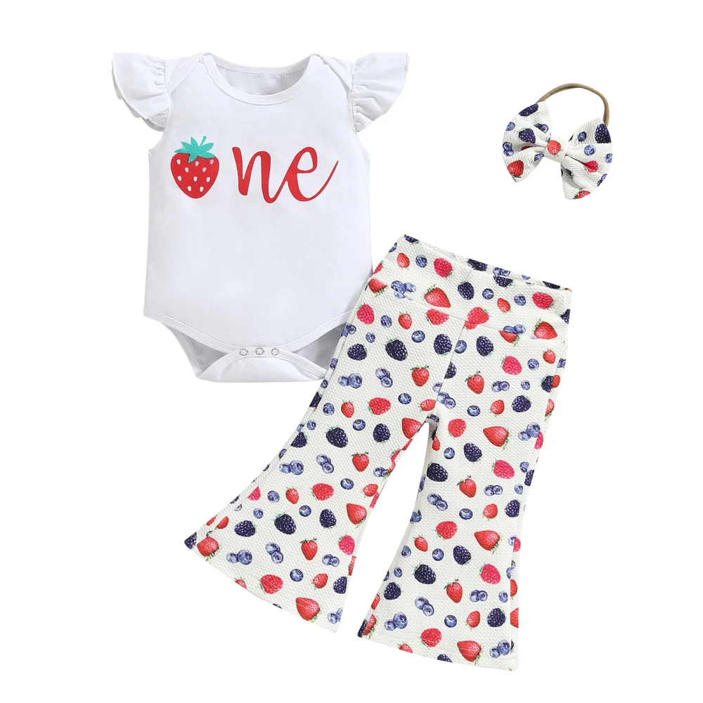 Baby Birthday Sets Short Sleeve Romper Strawberry Print Pants Headband