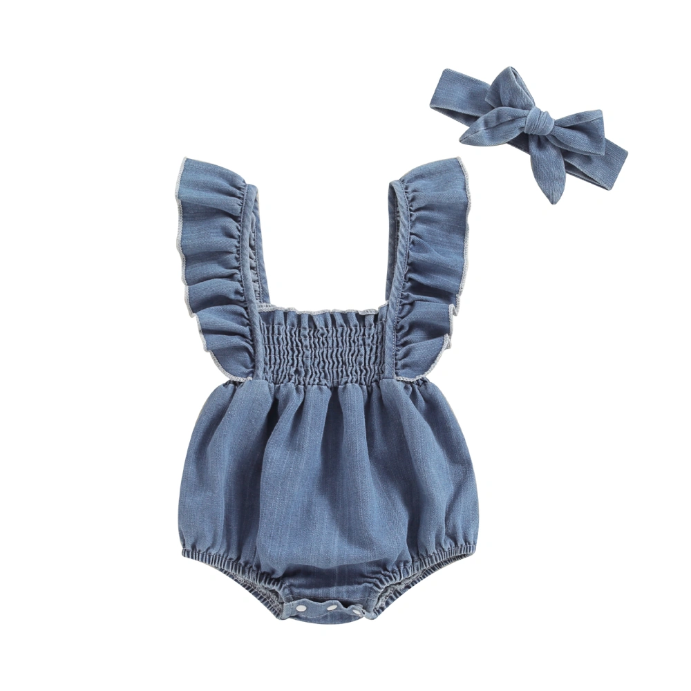 Baby Girls Denim Romper Bodysuit Solid Color Jumpsuit with Headband