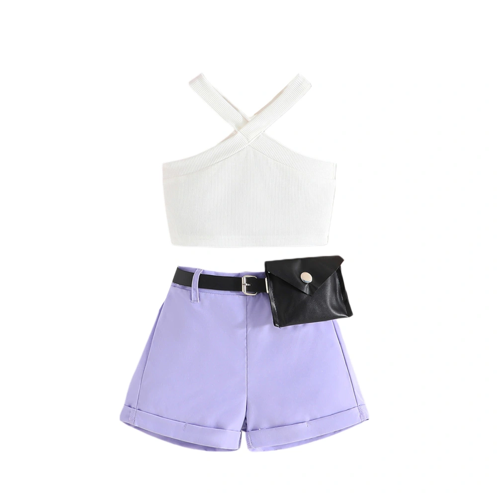 Girl Shorts Sets Ribbed Tank Tops Solid Color Shorts Waist Bag Sets