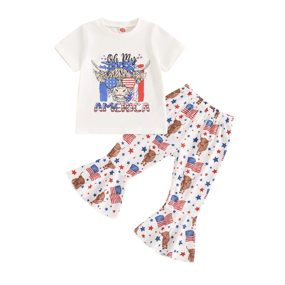 Baby Girls Summer Outfit Cow Head Short Sleeve T-shirt with Flag Pants