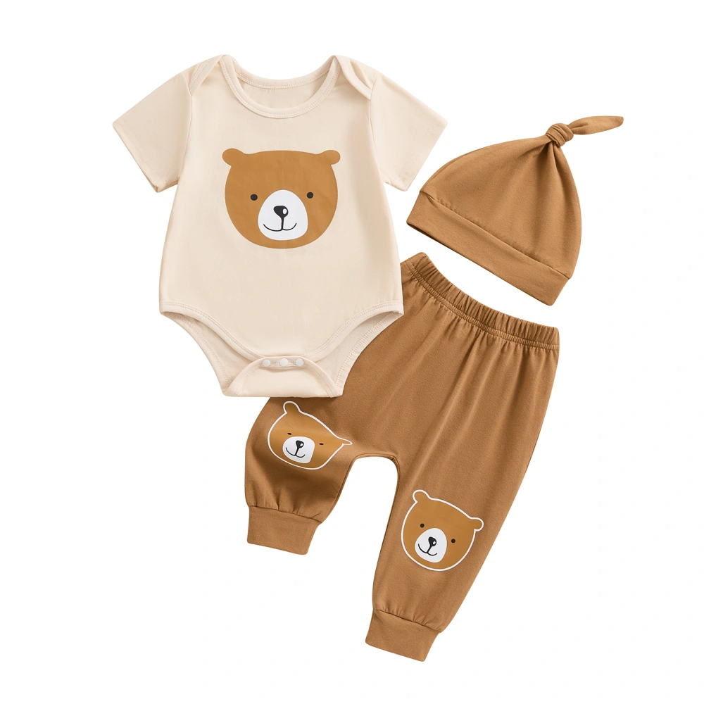 Baby Boys Summer Outfits Bear Print Romper + Pants + Hat Set