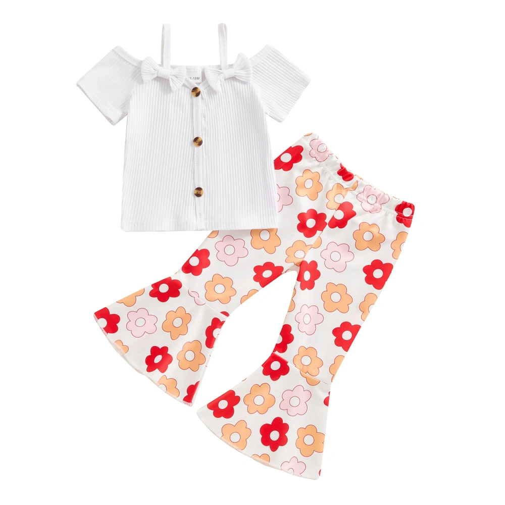 Girls Pants Set, Short Sleeve Bow Button Closure T-shirt Flower Pants