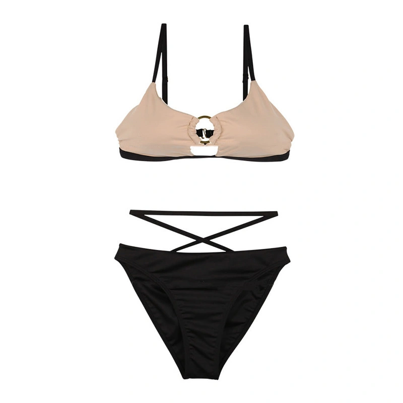 Women's 2 Piece Swimsuit Contrast Color Metal Ring Front Bikini Set