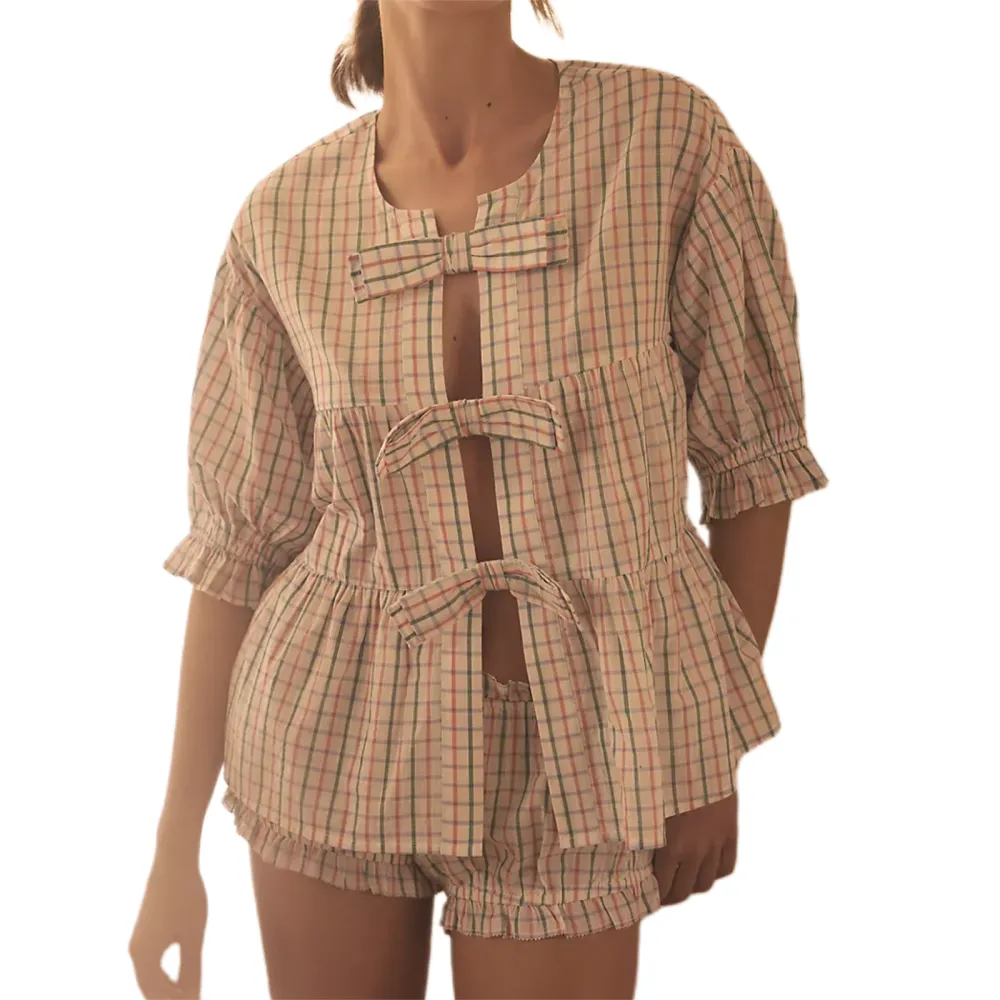 Women’s Two Piece Pajamas Set Short Sleeve Bow Front Plaid Tops Shorts