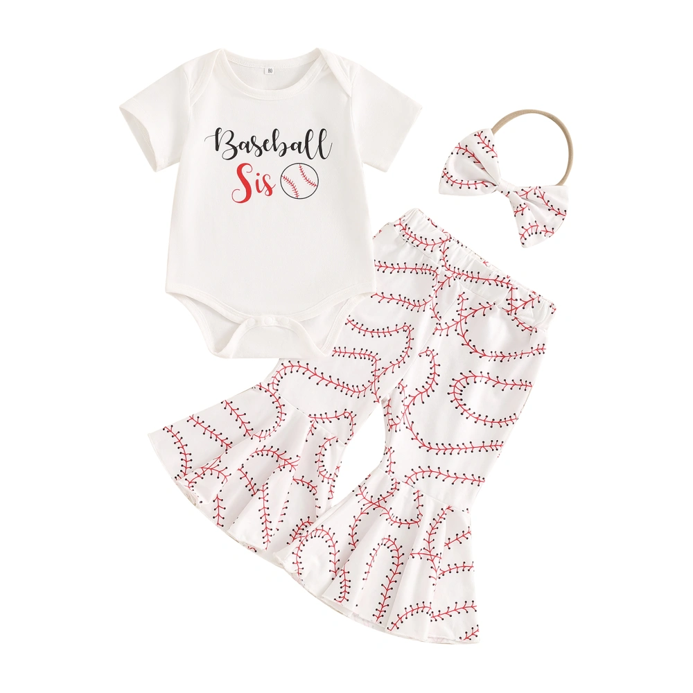 Baby Girl Set, Short Sleeve Romper Baseball Print Flare Pants Headband