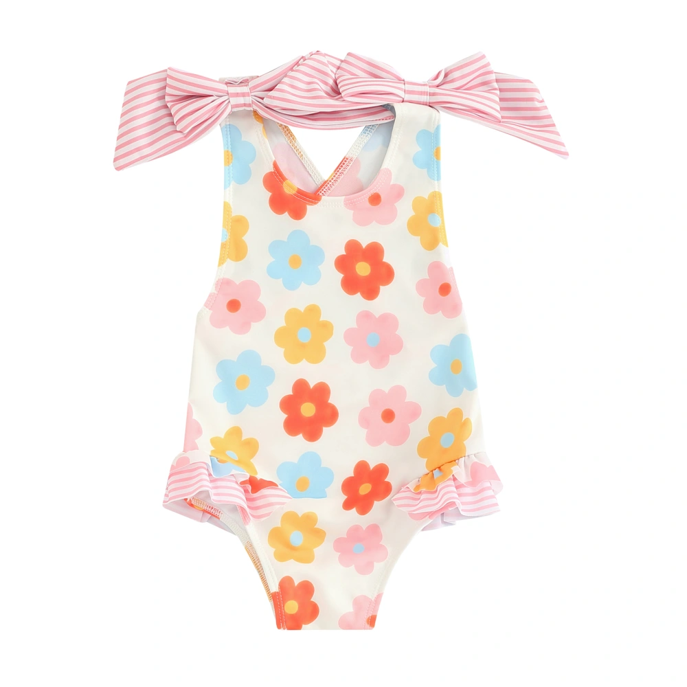 Little Girl's Bathing Suit Flower Print Round Neck Sleeveless Swimsuit