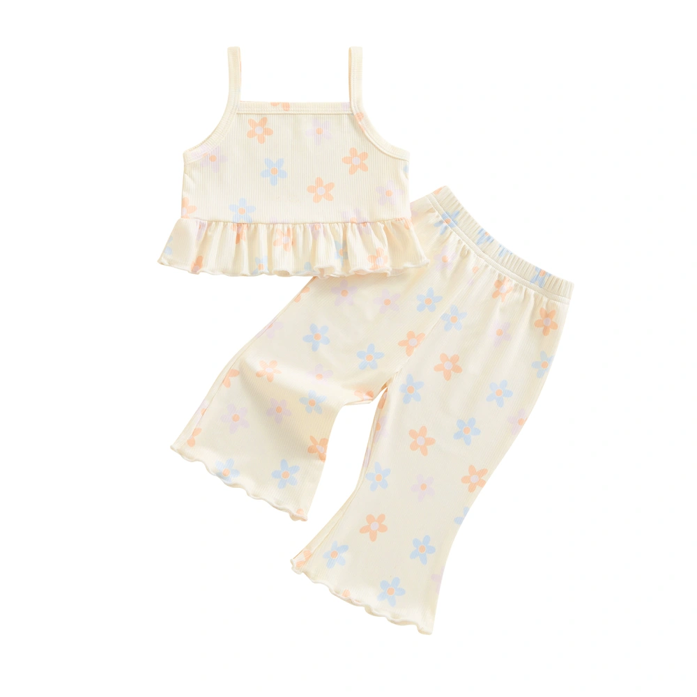 Girls Pants Set, Flower Print Sleeveless Camisole with Flare Pants