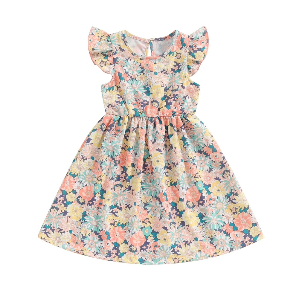 Girl Summer A-Line Dress Floral Print Flying Sleeve Casual Dress 