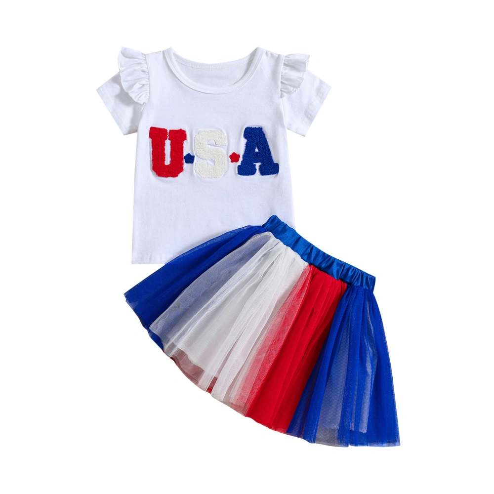 Girls 4th of July Outfits Letter Embroidery T-Shirt and Tulle Skirt