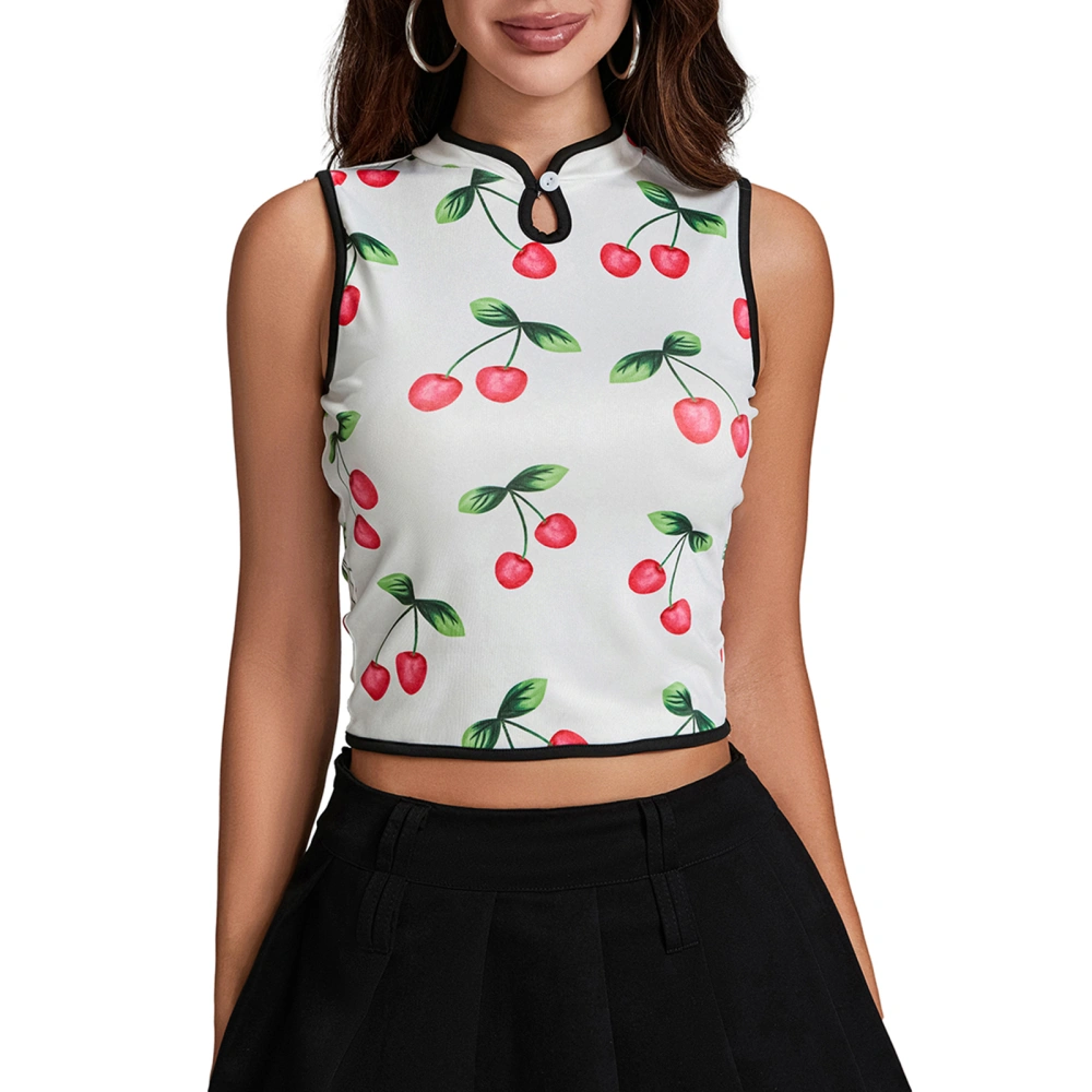 Women Vintage Crop Tank Tops Casual Summer Cherry Print Basic Vest