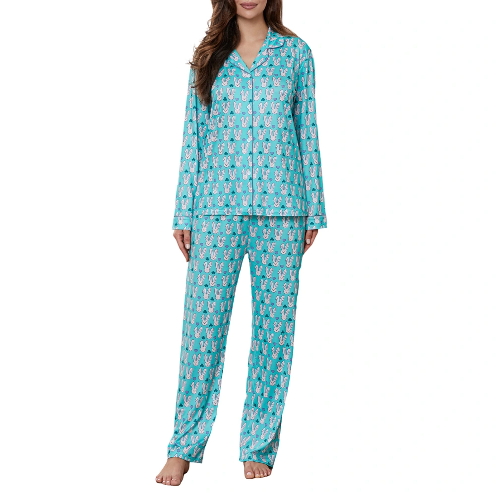 Women Pajama Set Long Sleeve Lapel Button Up Shirt Rabbit Print Pants