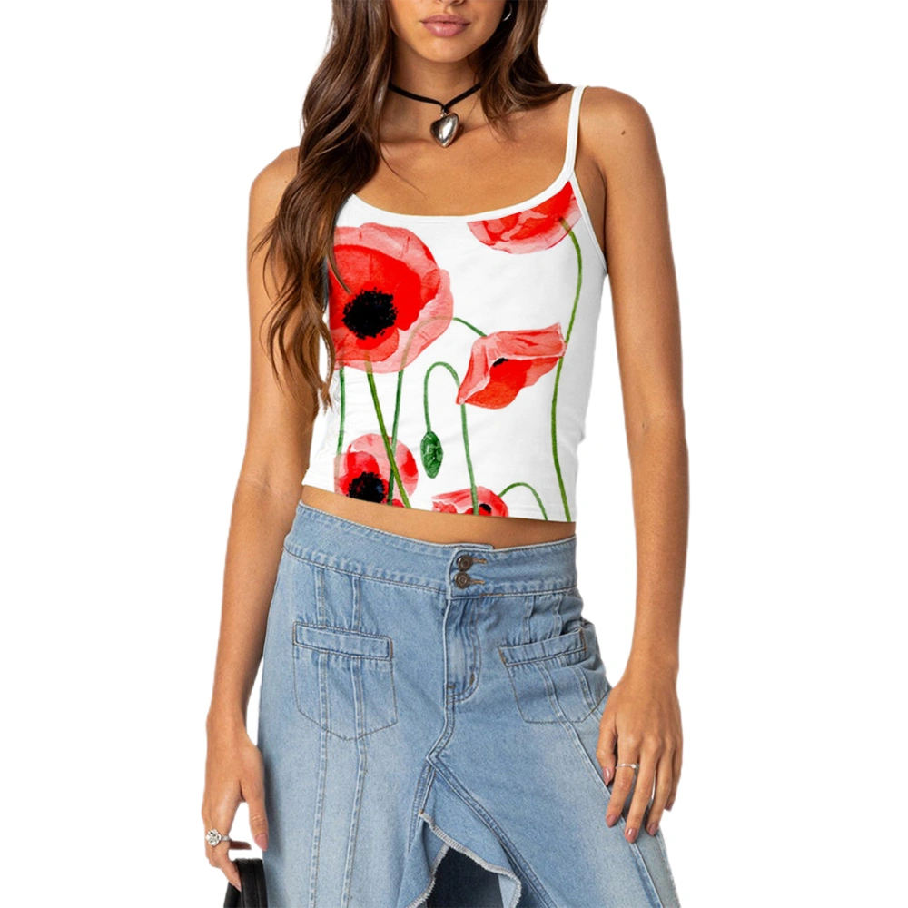 Women Crop Camisoles Floral Print Spaghetti Strap Backless Tank Tops