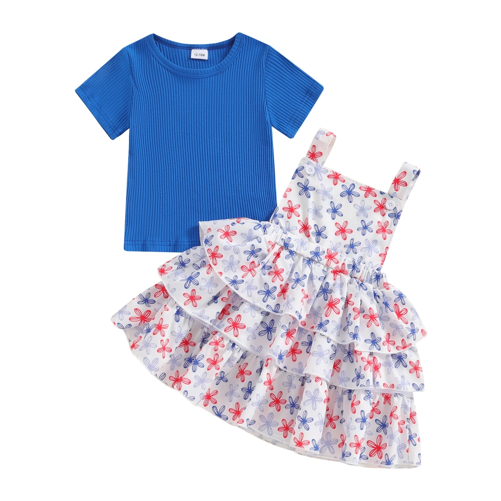 Girl Summer Outfits Ribbe Short Sleeve T-Shirt Floral Overall Dress 