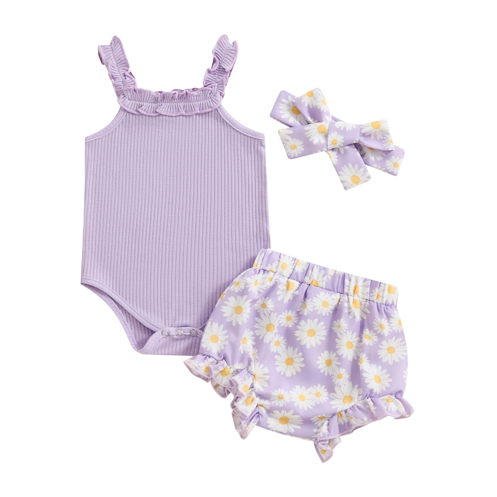 Baby Shorts Sets Ribbed Romper Daisy Print Shorts Headband Sets