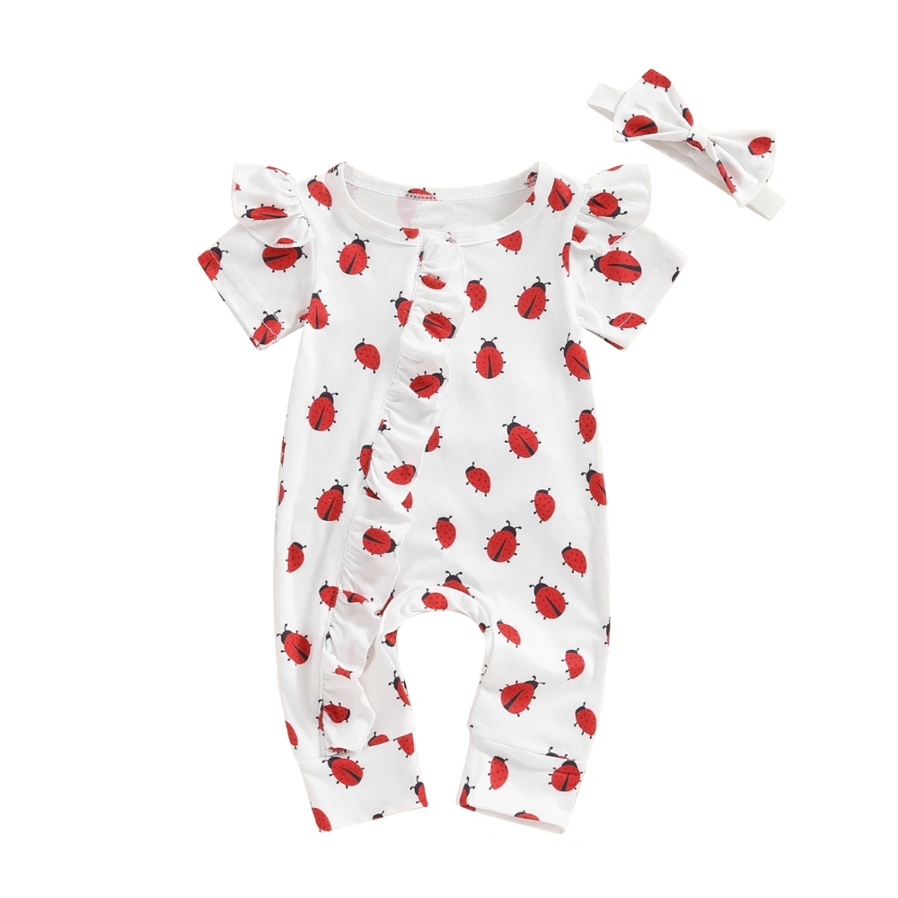 Girl Romper Ladybug Print Short Sleeve Zipper Bodysuit Headband