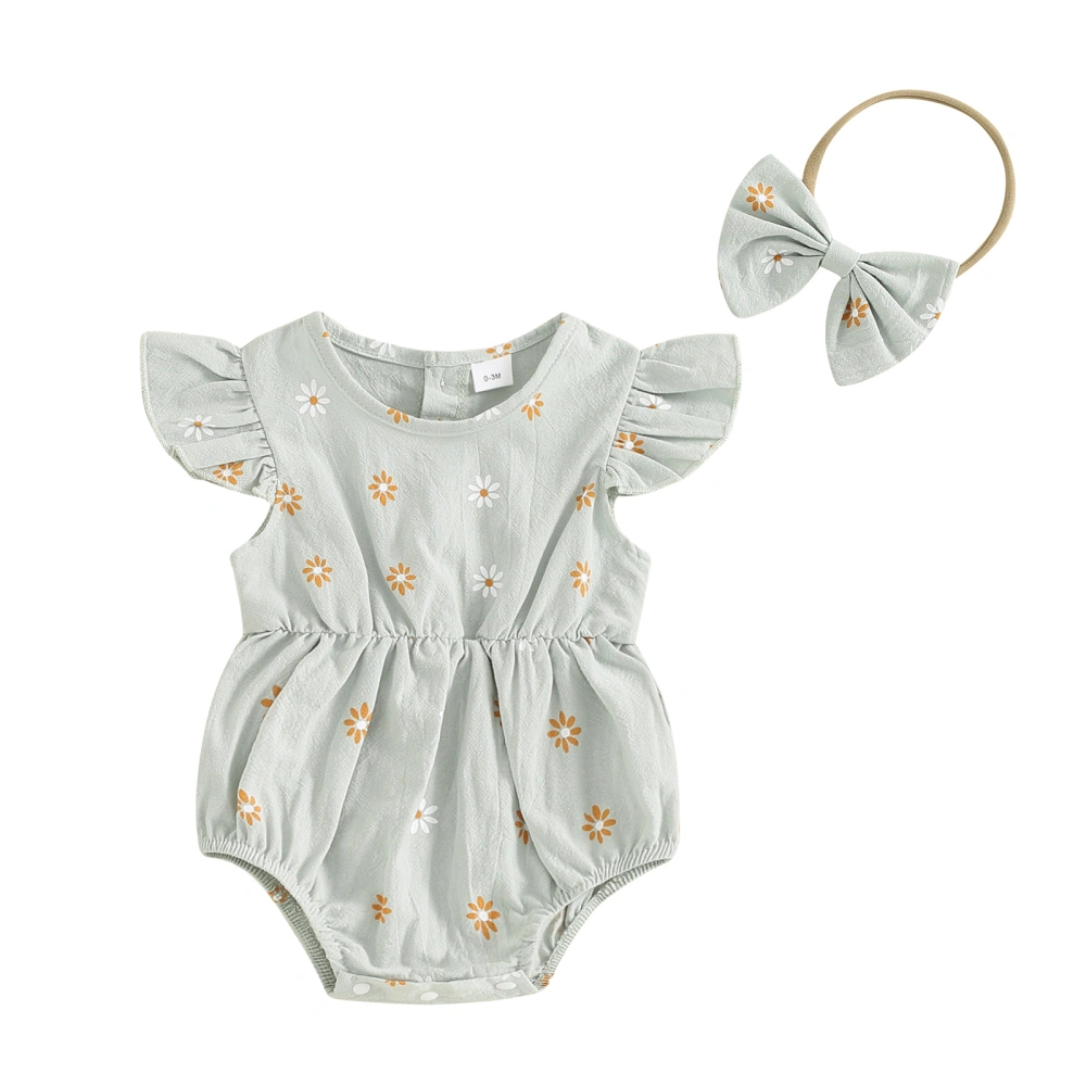 Baby Summer Rompers Flying Sleeve Floral Romper with Headband