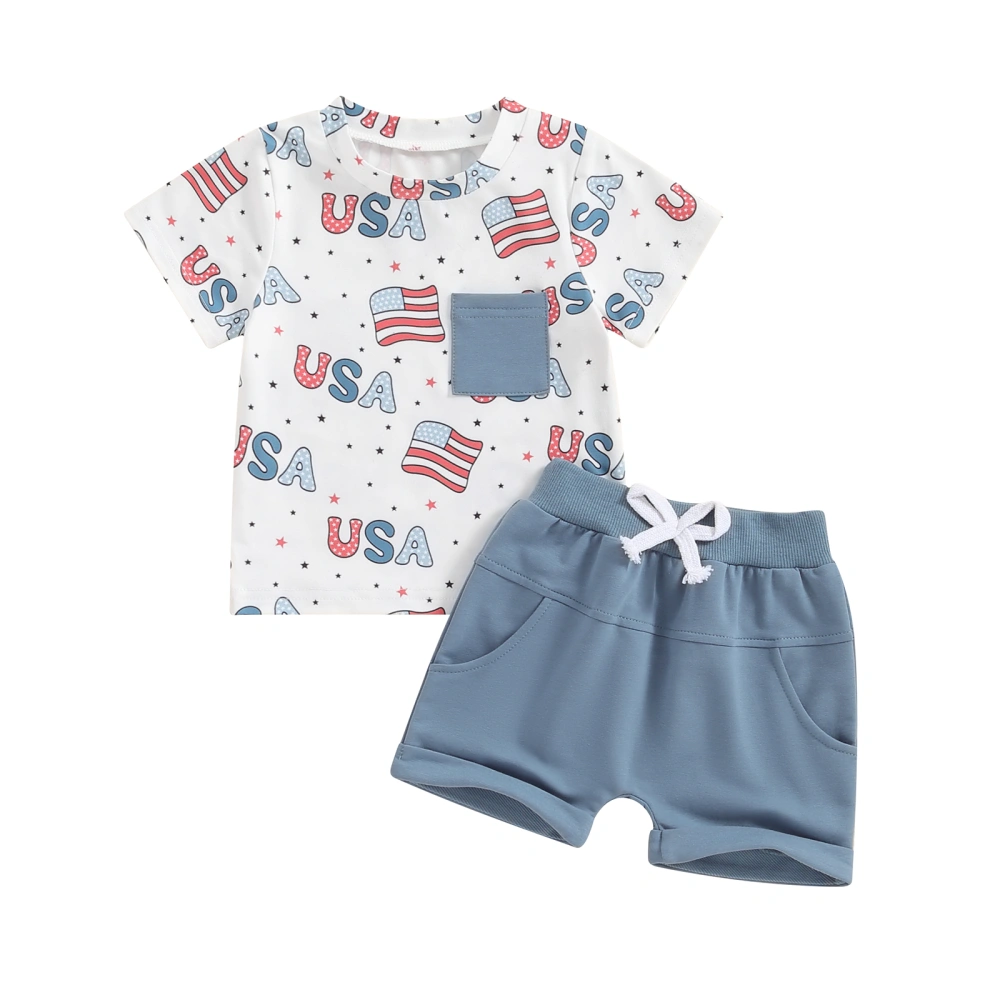 Boys Shorts Sets Letter Flag/Star Checkerboard Print Tops Shorts