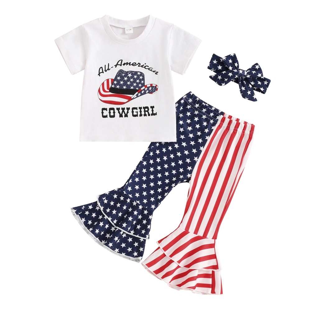 Girls Pants Set Letters Hat Print T-shirt Stars Stripes Pants Headband