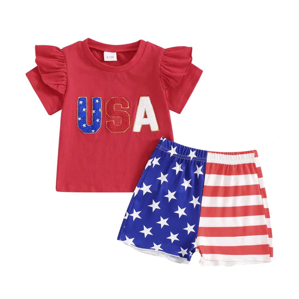 Baby Girl 4th of July Outfits Letter Embroidery Tops + Shorts Set