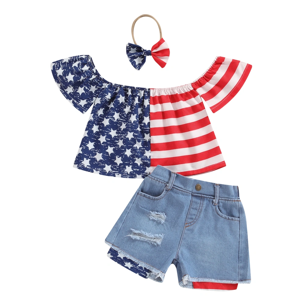 Girls Summer Outfit, Off-shoulder T-shirt with Denim Shorts Headband