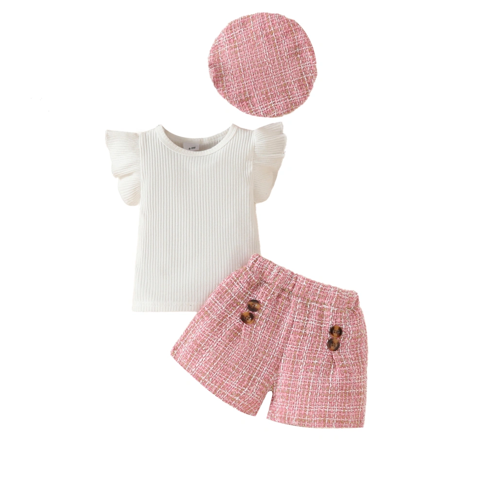 Baby Girl Summer Outfits Ruffle Sleeve Tops Tweed Shorts Hat Set