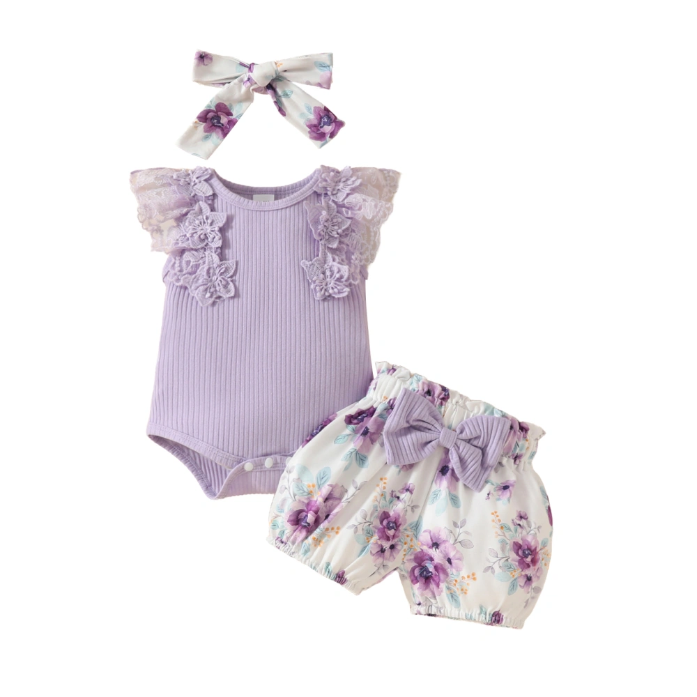 Baby Girls Summer Outfit Ribbed Romper + Bow Shorts + Headband