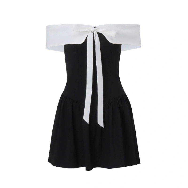 Women Mini Dress Off-shoulder Contrast Color Tie-up A-line Dress