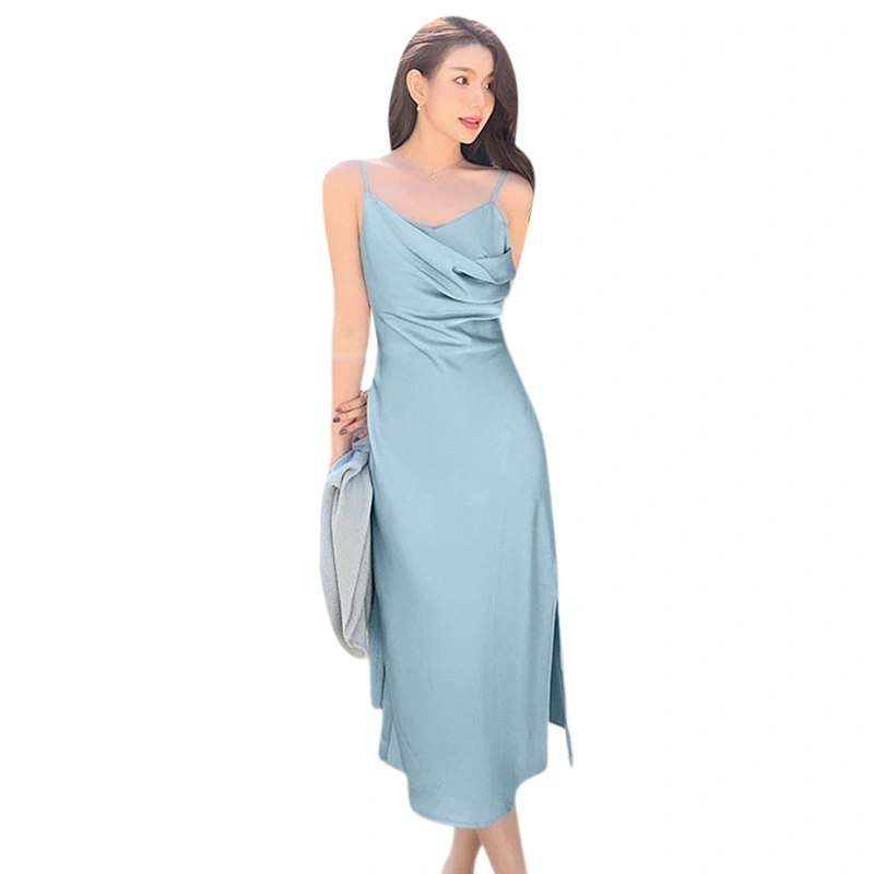 Women Midi Evening Dress Slim V Neck Side Split Spaghetti Strap Dress 