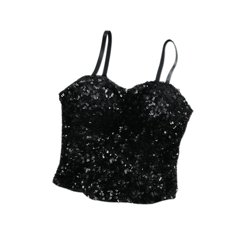 Women Crop Padded Camisole Shiny Sequins Spaghetti Strap Tank Tops