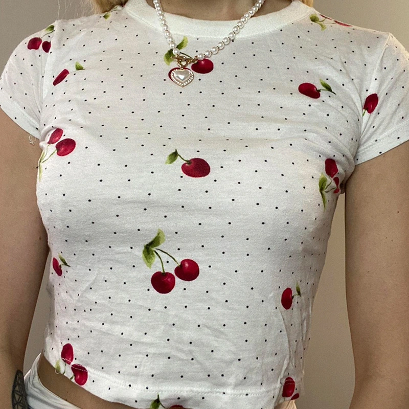 Women's Crew Neck Cropped Tops Short Sleeve Cherry Print Baby Tees