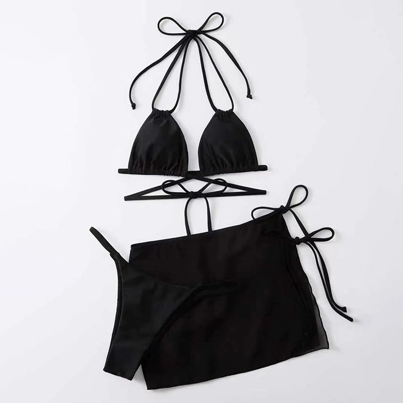 Women's 3 Piece Bikini Halter Neck Bra Low Waist Thong Tie Up Skirt