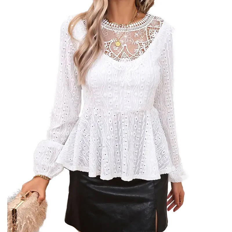 Women's Lace Tops Long Sleeve Round Neck Peplum Hem T-Shirts