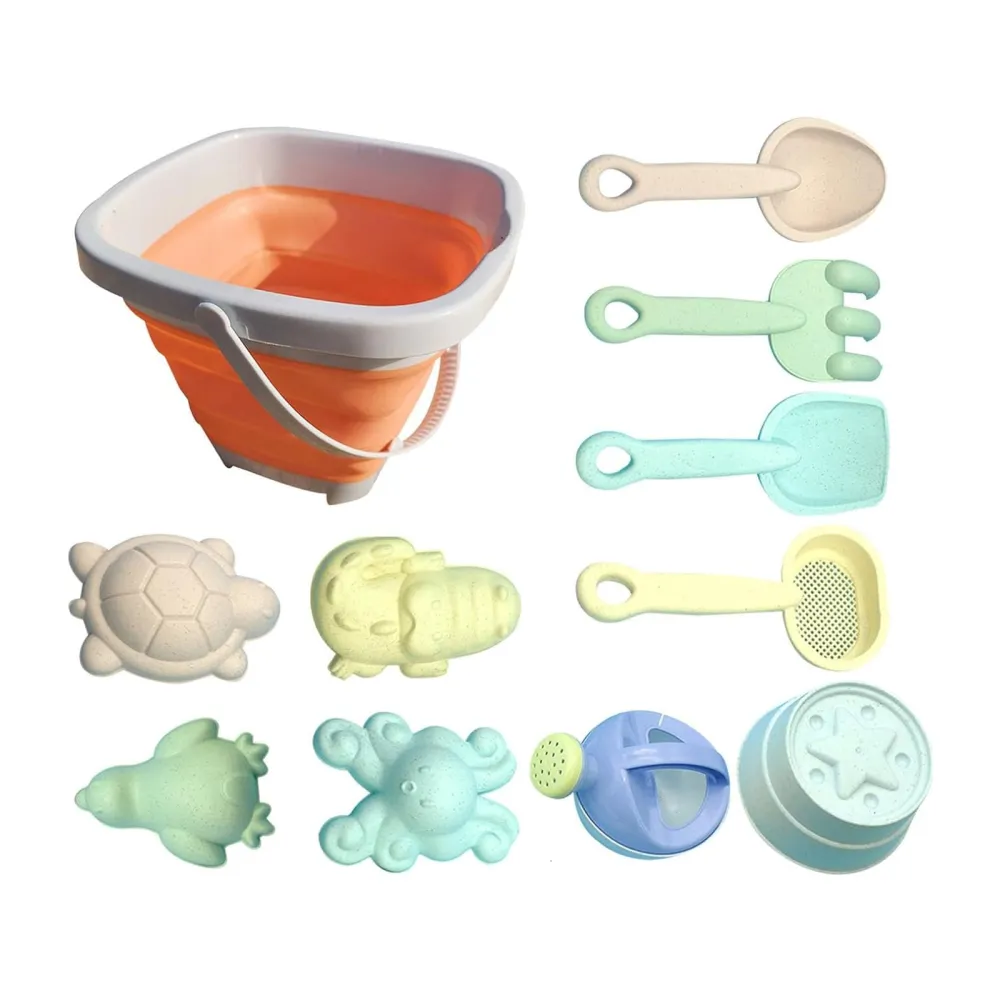 Beach Sand Toys Set with Sand Molds, Foldable Bucket, Shovel