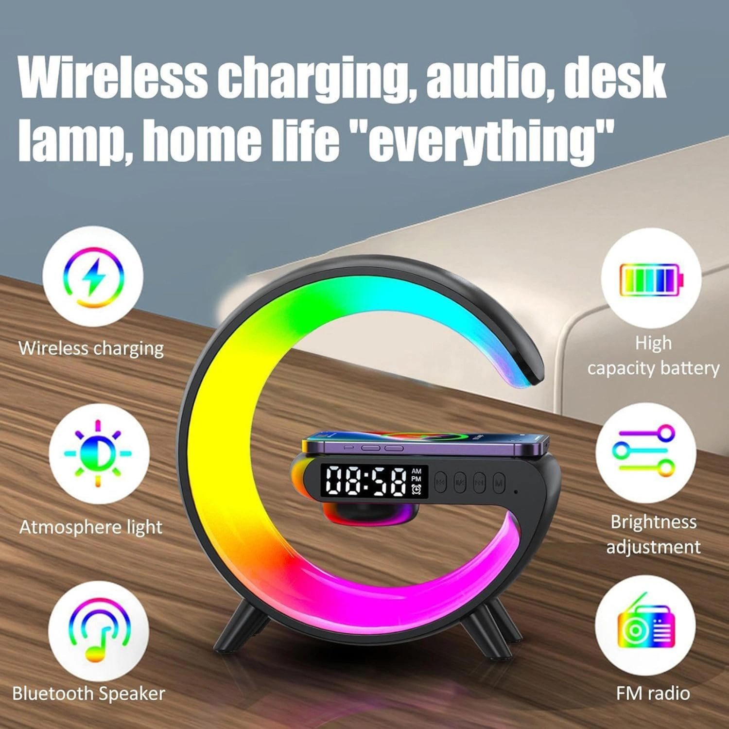Wake-up Light, Digital Alarm Clock Wireless Charger Bluetooth Speaker